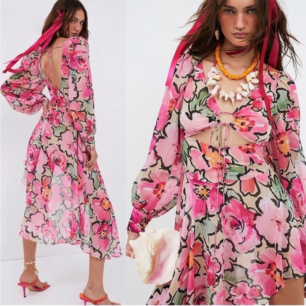 For Love & Lemons Tiana Printed Flowy Ruffles Sheer Tie Front Midi Dress